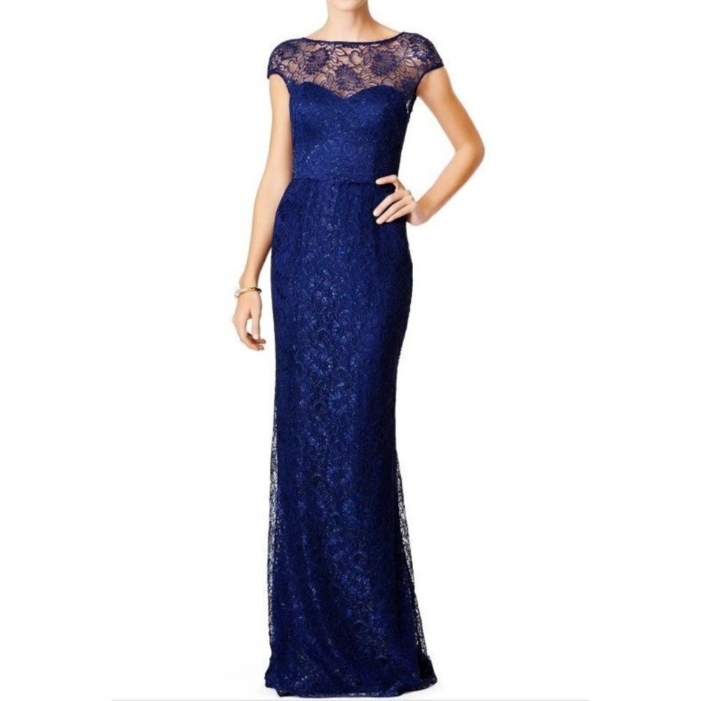 Theia Shimmering Element Blue Metallic Lace Gown Size 10 Formal Evening